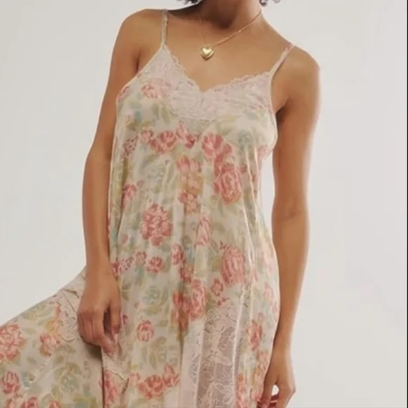 Free People First Date Printed Maxi Slip Dress Small Tea Combo